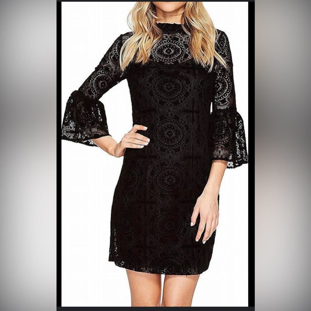 Calvin Klein Deep Black Velvet Lace Dress with Gold Zipper